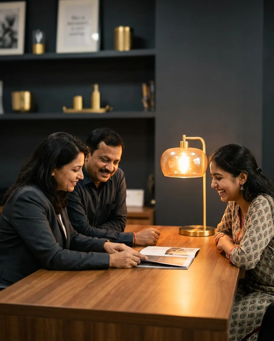 An education counsellor discussing course options with a student and her father at a desk